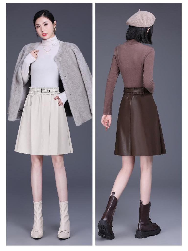 High-Waisted A-Line Leather Skirt for Women, Autumn/Winter, Pleated Lambskin Midi Skirt, Age-Defying & Classic Design