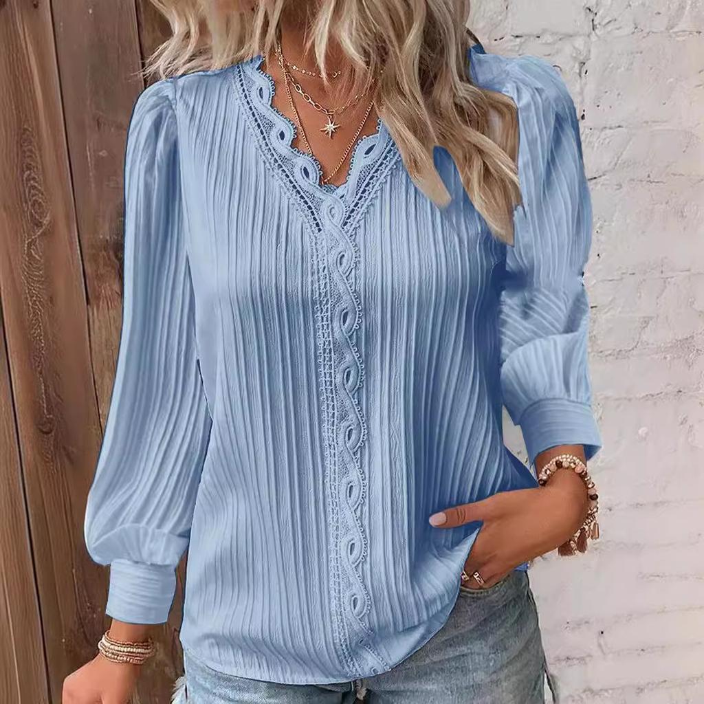Autumn Long-sleeved V-neck Lace Splicing Shirt Blouse Women's Clothing