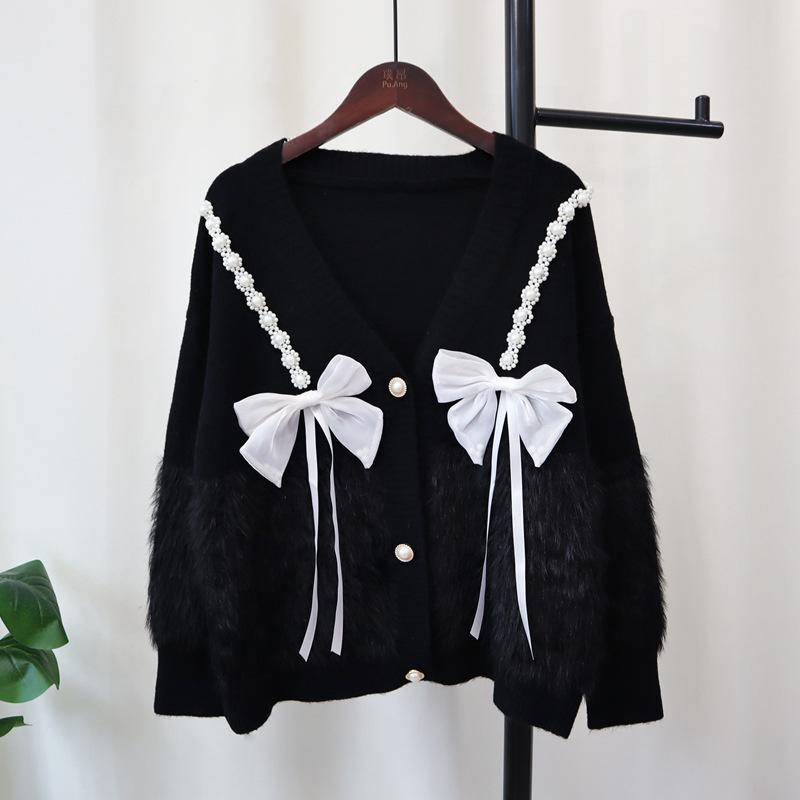 

Осень и зима новый свободный вязаный кардиган из искусственного норкового бархата со сладким бантом, мягкий ворсистый свитер-жакет женский one size fits all чёрный