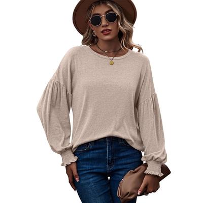 Top Autumn and Winter Round Neck Pleated Lantern Sleeve T-shirt