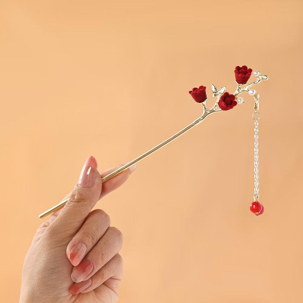 Romantic Rose Chinese Style Tassel Hair Clip Women's Fashion Handmade Hair Clip Exquisite Gift Women Hair Needle Hair Accessory