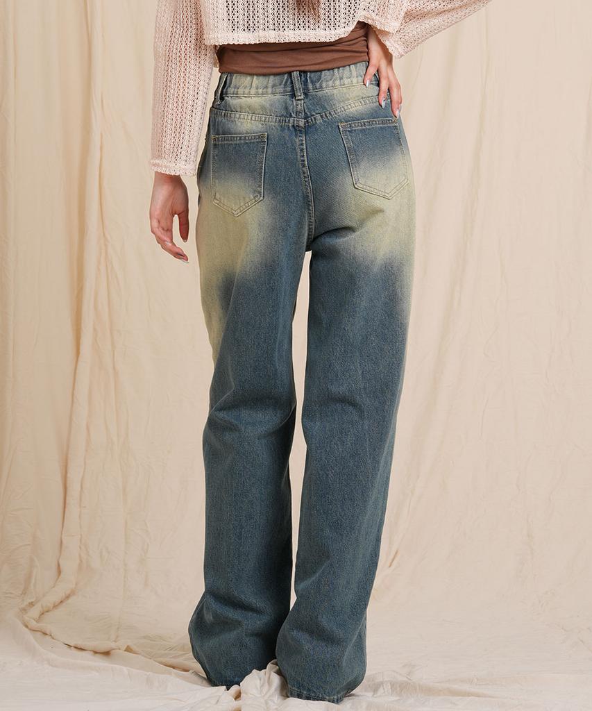 Ellamo 51_2 Women'S Vintage Washed Wide Half-Elastic Denim Pants (Short/Standard/Long)_Vintage Yellow