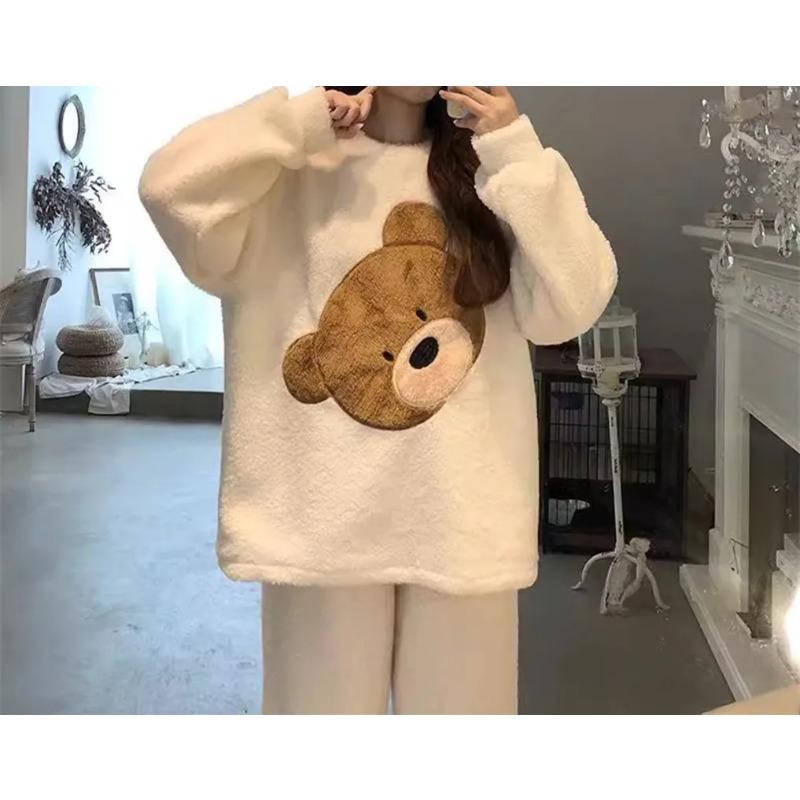 Pajamas Women's Winter Flannel Korean Version Long Sleeved Thickened Velvet Coral Velvet Cute Loungewear Set Christmas Birthday