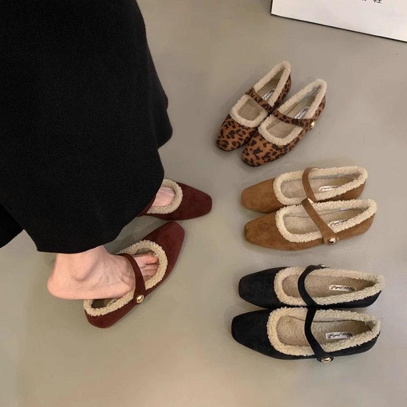 Fashion Flats Shoe for Women's New Autumn and Winter French Velvet Leopard Print Shallow Mouth Retro Flat Mary Jane Shoes Ladies