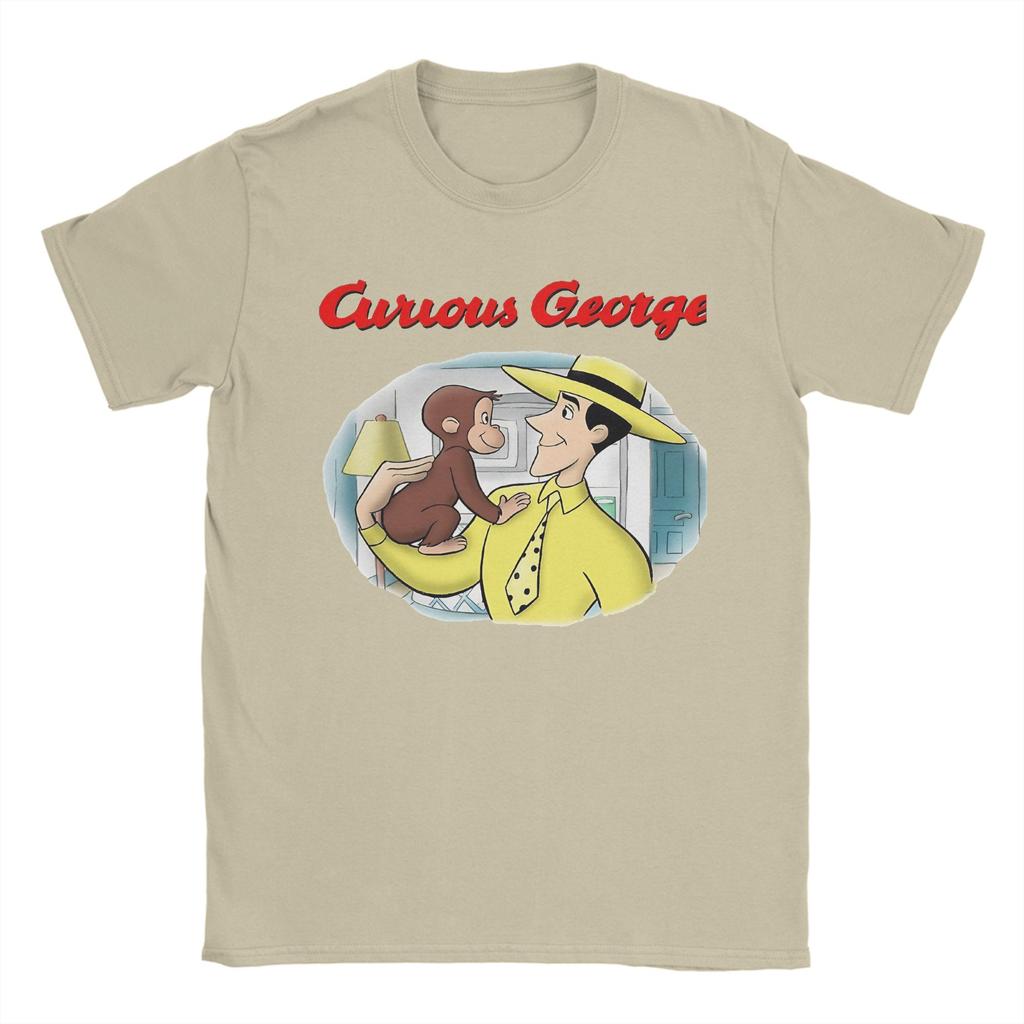 Vintage Curious George T-Shirt Herren Baumwolle Kurzarm Niedlich Cartoon O-Ausschnitt Sommer Top T-Shirt