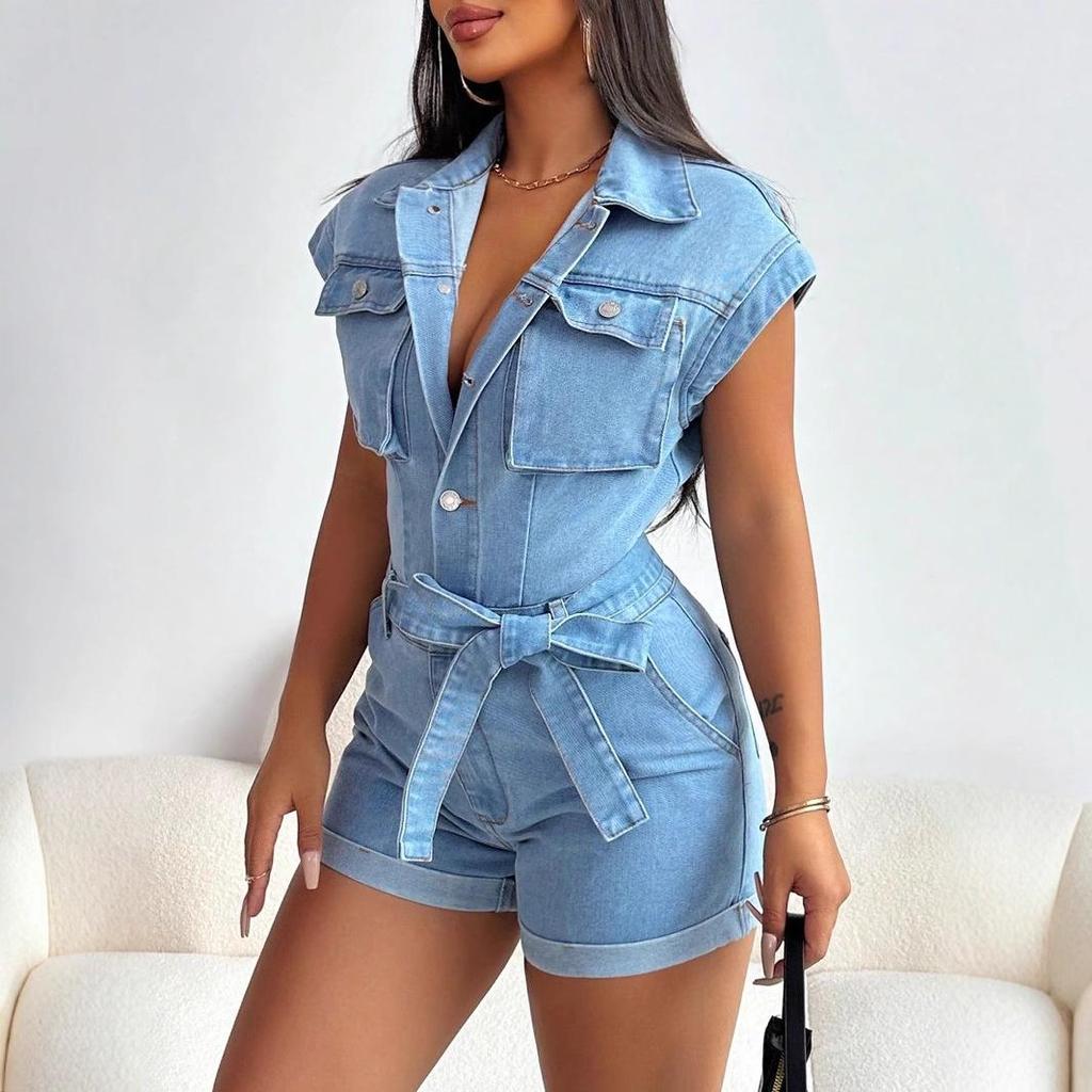 Women's European & American Fashion Lapel Pocket Denim Jumpsuit