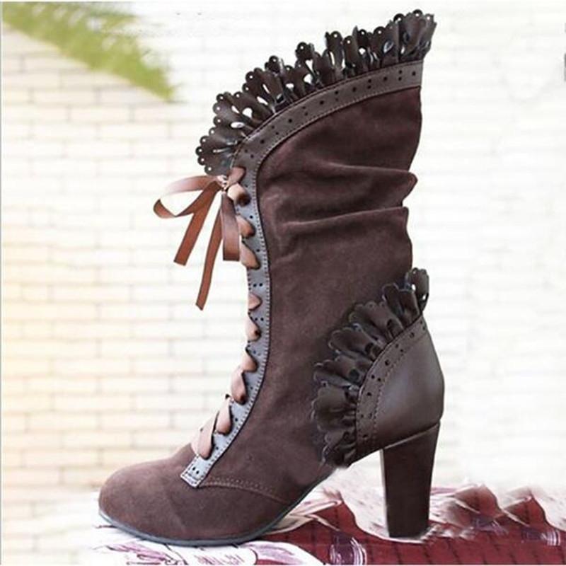 Damen Spitzen Hohe Absätze Mittlere Röhre Stiefel Retro Leder Winter Schuhe Stiefeletten Cowboy Stil Bequem