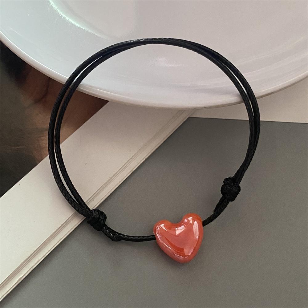 Ceramics Love Heart Bracelet Black Rope Adjustable Hand Bracelet for Girl Women Colorful Shiny Heart Accessories