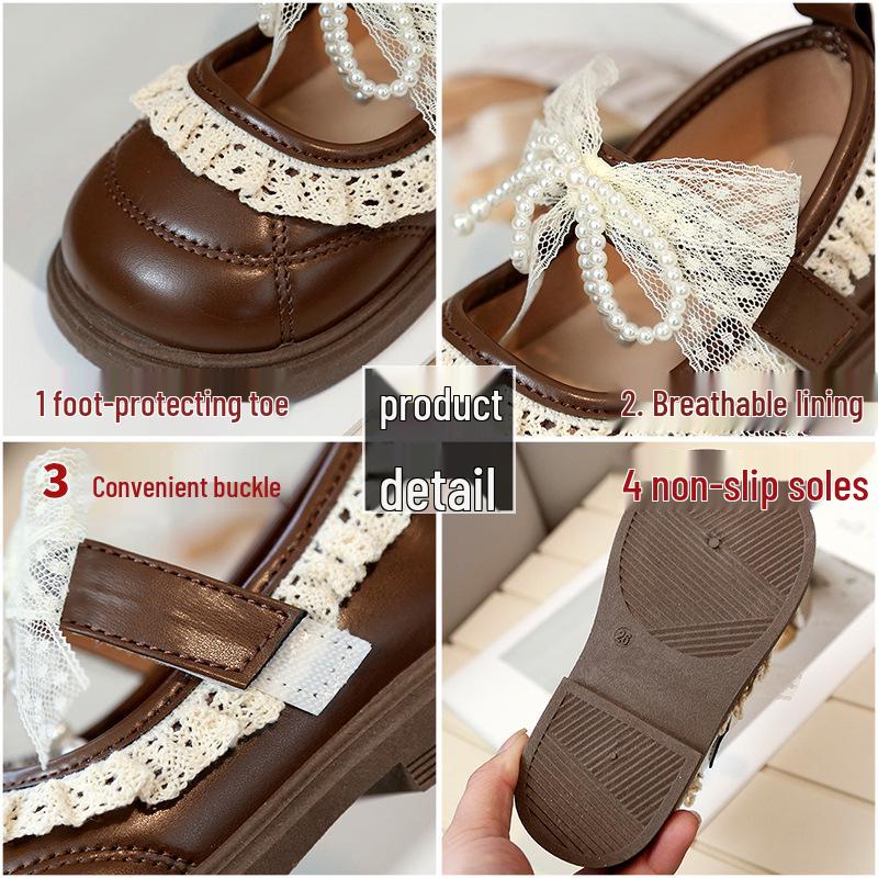 Girls' Lace Bow Leather Shoes - Spring & Autumn Korean Style Princess Performance Shoes with Pearls
