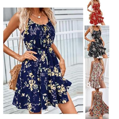 Summer Elegant Sleeveless Dress Pullover Print Elastic Waist Strap Short Dress
