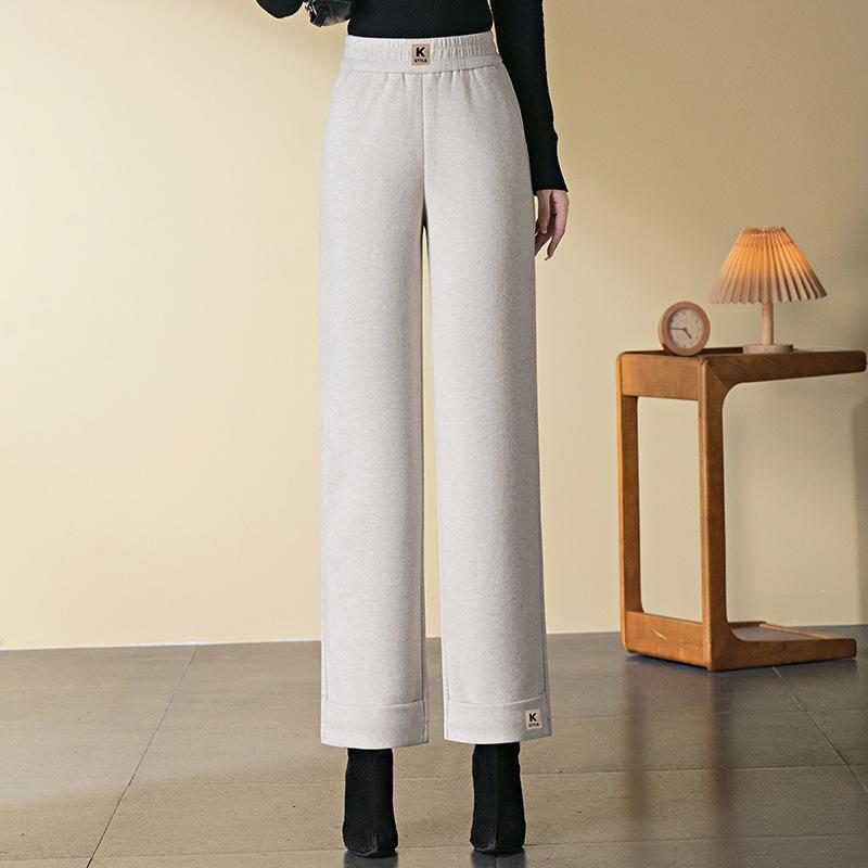 Damskie spodnie z wysokim stanem, z mieszanki wełny, z prostymi nogawkami, pogrubione, petite, długość 9/10 na jesień/zimę 2024