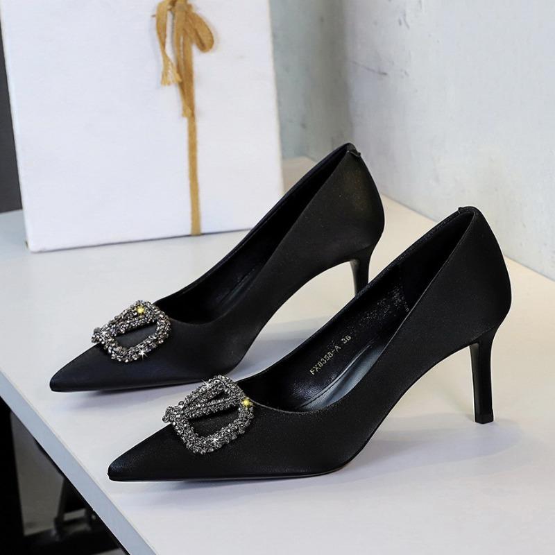 Fashion High Heels Women Silk Shoes Pointed Toe Elegant Ladies Party Shoes Brand Black Purple Thin Heel 8cm