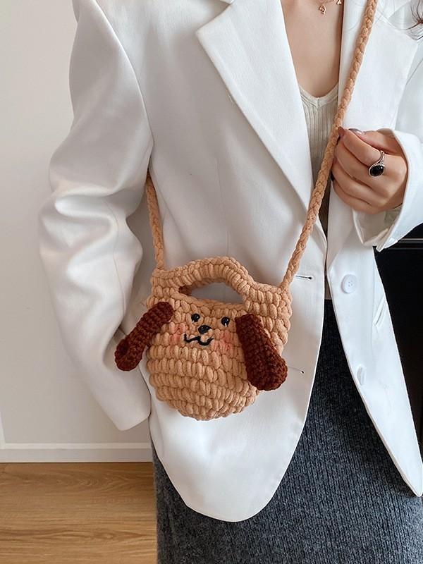 Gestrickte Hund-Cartoon-Umhängetasche mit großen Ohren und Handytasche für den täglichen Gebrauch