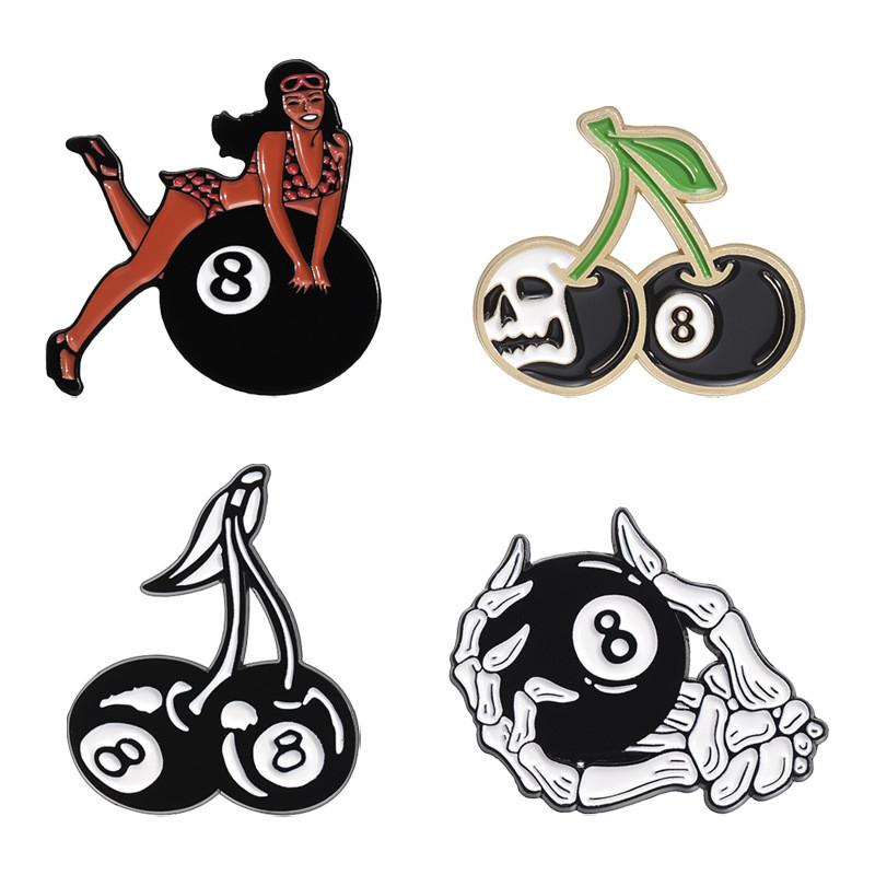 Unique Black 8 Ball Sports Metal Badge Creative Cherry Skull Cartoon Brooch Pin For Fashionable Wear