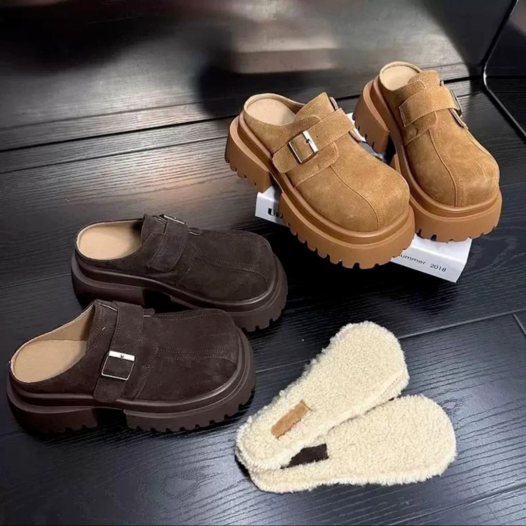 Papuci mat cu cap mare, cu talpă groasă, îmbrăcăminte pentru femei, cizme de zăpadă retro versatile, geantă pentru creșterea în înălțime pentru bărbați mici, pantofi de bumbac jumătate-papuci