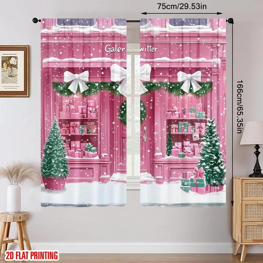 Jit 2Pcs Pink Storefront Pattern Curtains Rod Pocket Drapes For Christmas Windows Home Decor Polyester Curtain