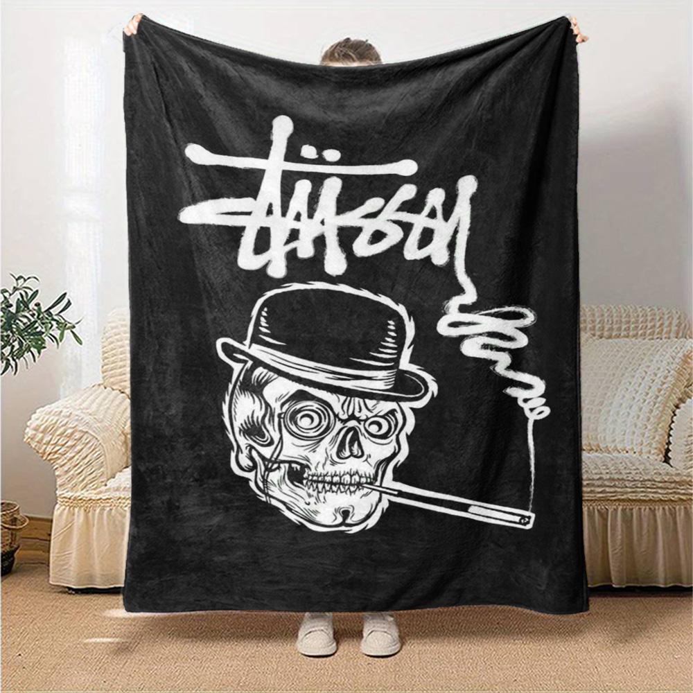 Bowler Hat Skull Signature Logo Flannel Blanket, Black White Skeleton Street Art Soft Throw Blanket
