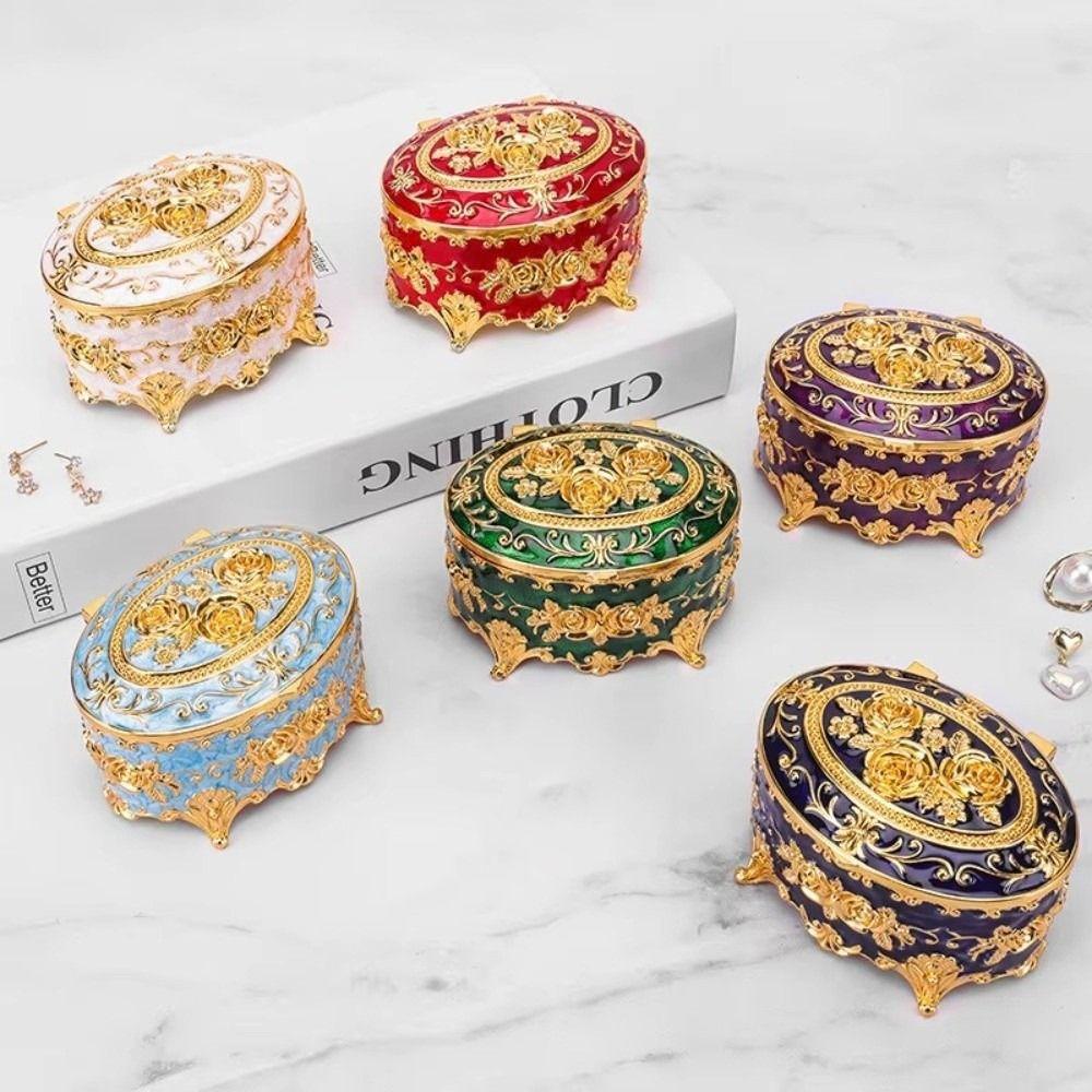 European Style Rose Enamel Box Vintage Antique Storage Case Metal Jewelry Box  For Home Wedding