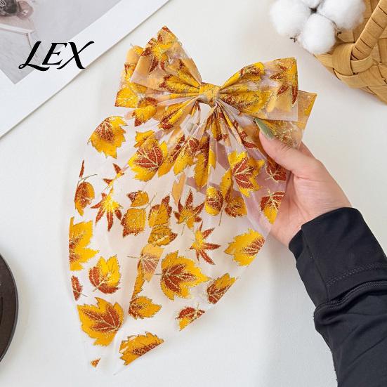 Elegant Streamer Hair Clip Fall Maple Leaf Bows for Women Girls, Autumn Leaves Clips, Large Bowknot Outfit Accessories Barrettes, Gold Hairpin