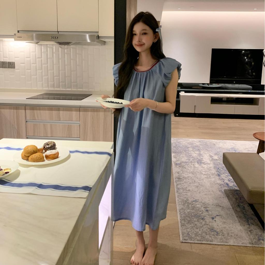 [Casual Minor] Cotton Dress Sweet Vacation Style Loose Nightdress Backless Lace Contrasting Color Silkworm Weisi