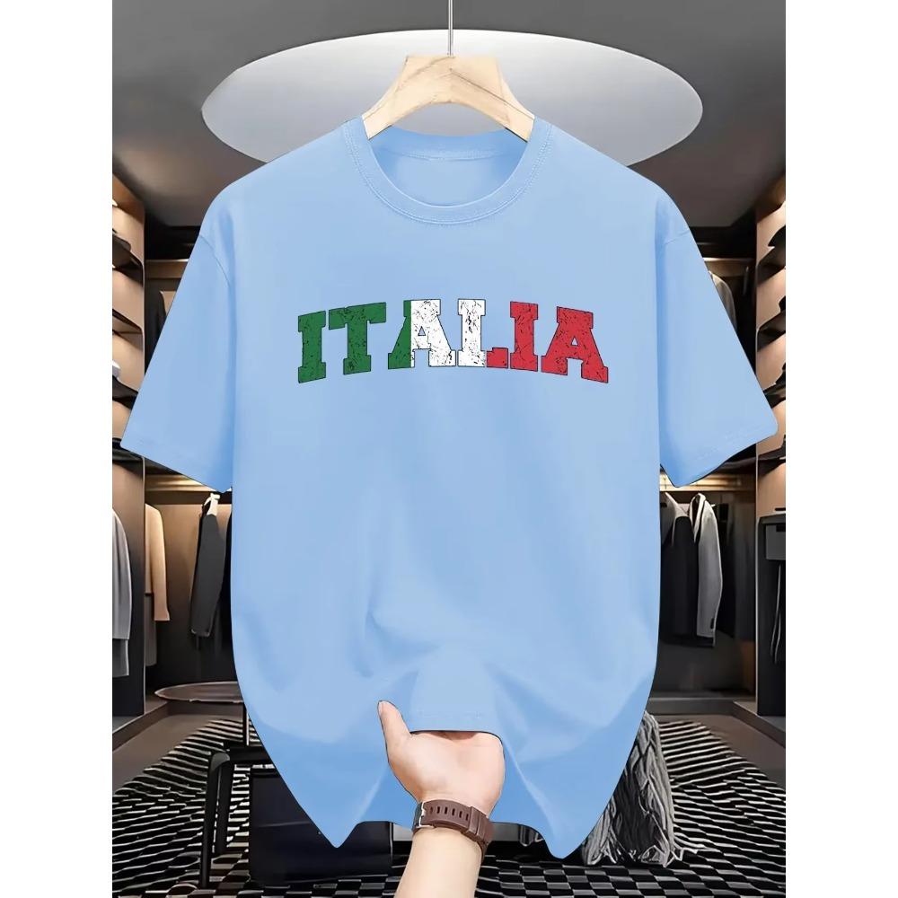 Summer Men's 100% Pure Cotton Fashionable Casual Loose Italian Letter Printed Sporty Round-neck Short-sleeved T-shirt Top
