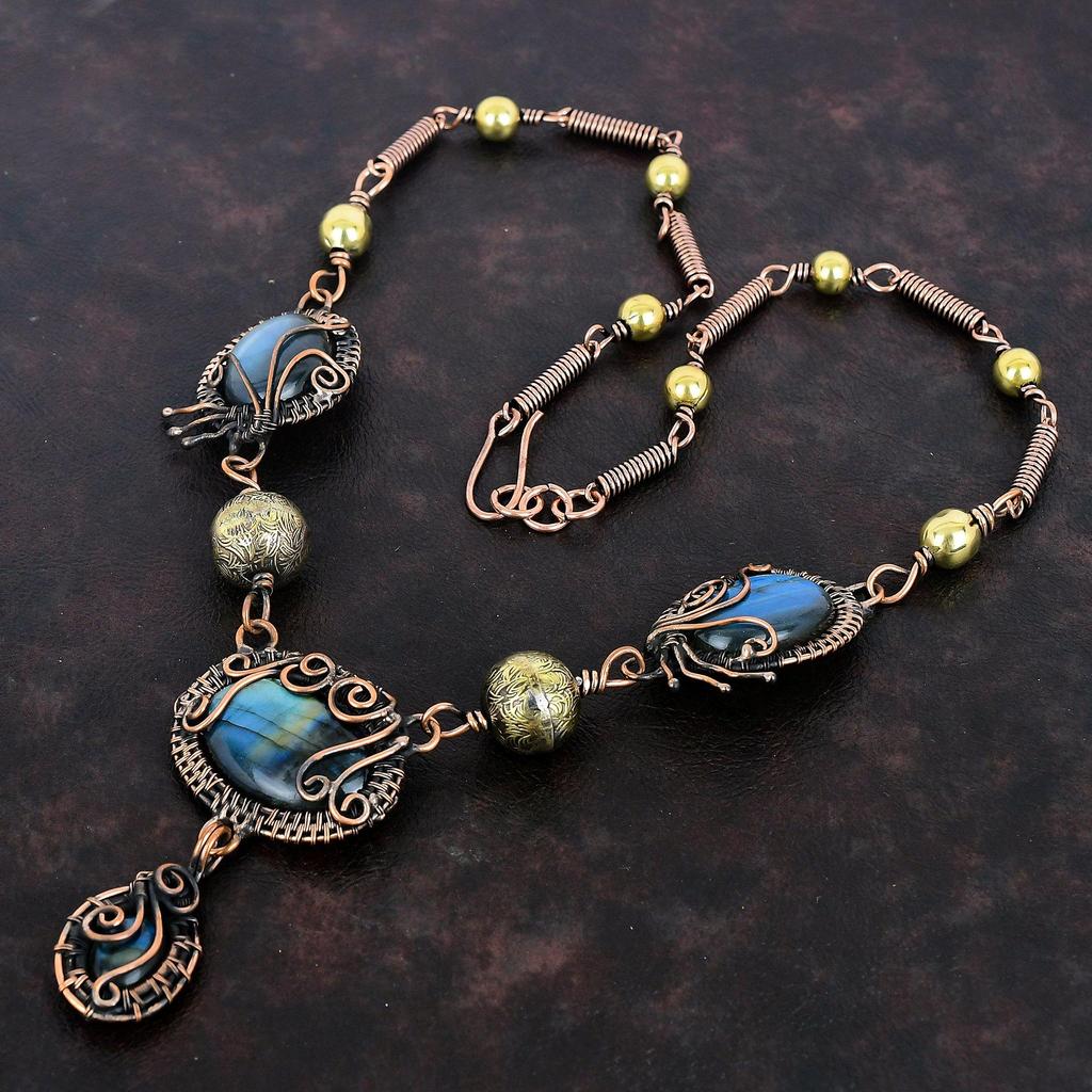Labradorite Necklace Copper Wire Wrapped Necklace Real Gemstone Jewelry Adjustable Necklace Handmade Copper Wire Wrap Jewelry Wedding Gifts