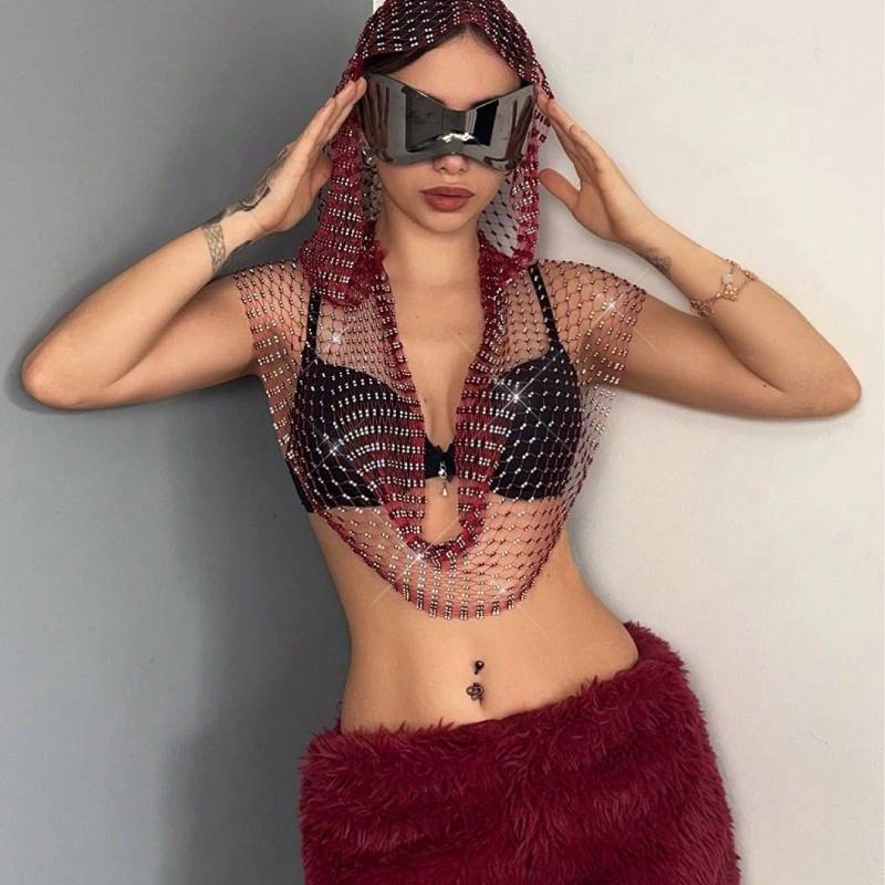 Top Sexy in Rete con Decorazioni di Strass per Nightclub e Festival