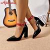 Fashion Aphixta 3.94 Inch High Square Heels Pumps Women 2cm Bling Crystal Belt Buckle Strap Shoes Chunky Heels Super Big Size 35-53