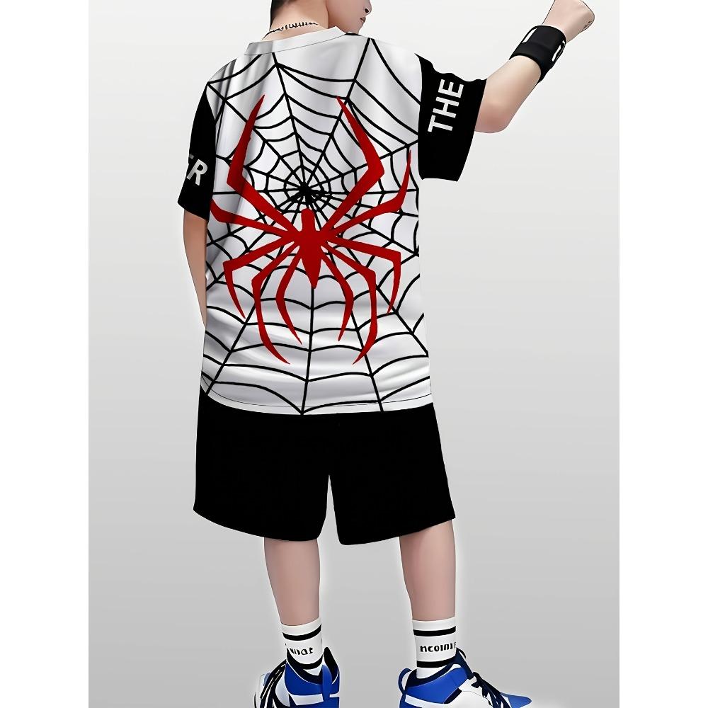 Children's Short Sleeved Shorts Set with 3D Printed Spider Pattern