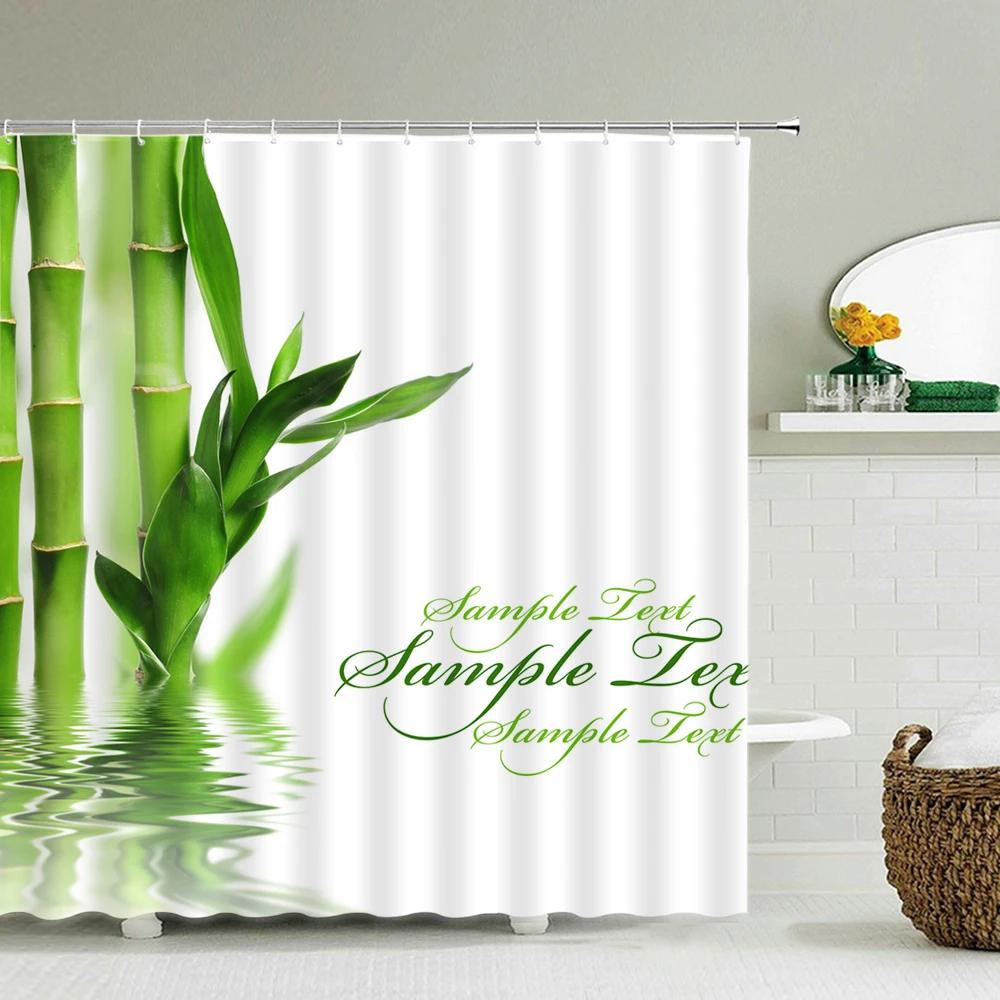 Cortina de ducha de bambú de planta verde, cortina de baño de poliéster impermeable, árboles impresos en 3D, pantalla de baño de 180x200cm con ganchos