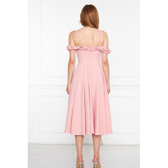 Women's Adjustable Strap Ruffle Detailed Collar Pleated Flared Midi Evening Dress