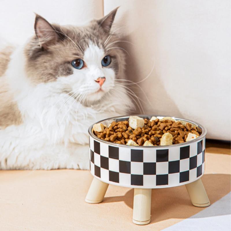 Pet Cat and Dog Bowl Polka-dot Plaid Stainless Steel Anti-slip Easy To Clean Indoor and Outdoor
