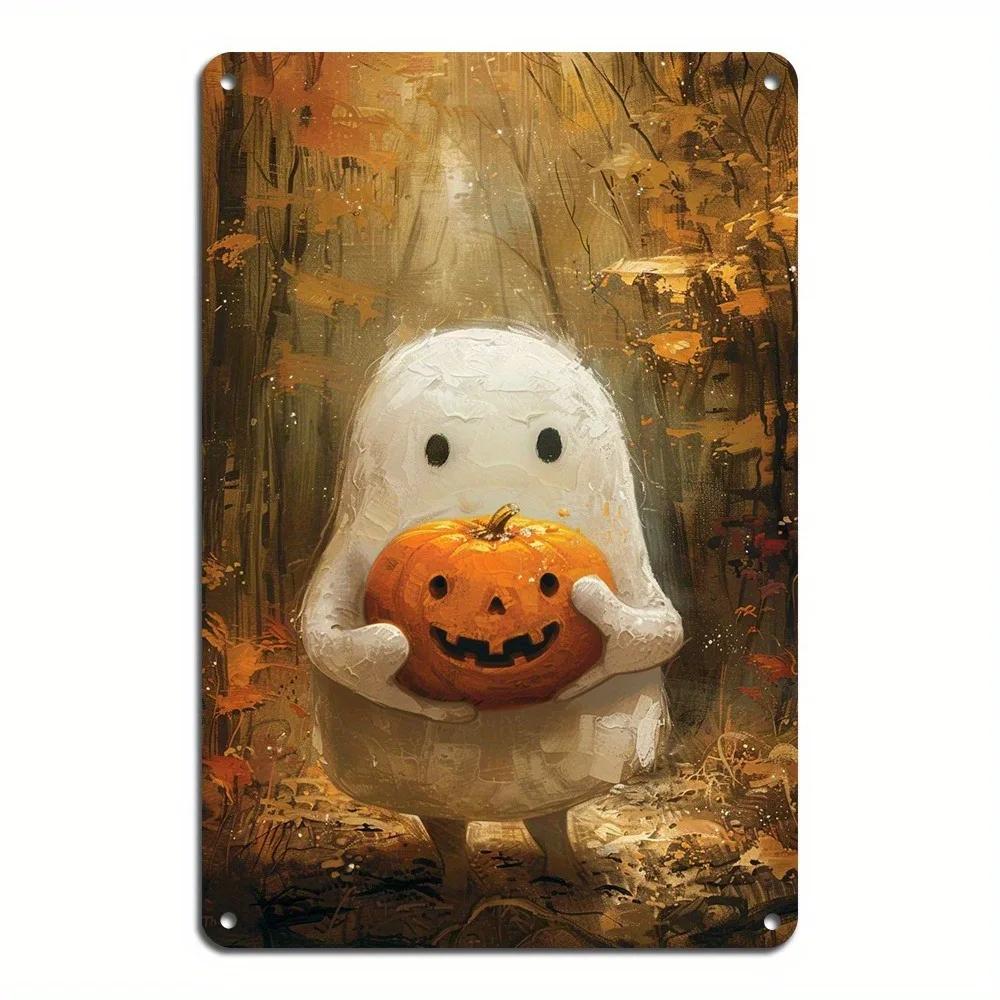 

Vintage Halloween Metal Tin Sign - 8x12 Cute Pumpkin & Leaves Decor for Home Bar, Easy Install 20x30cm（7.8x11.8inch）