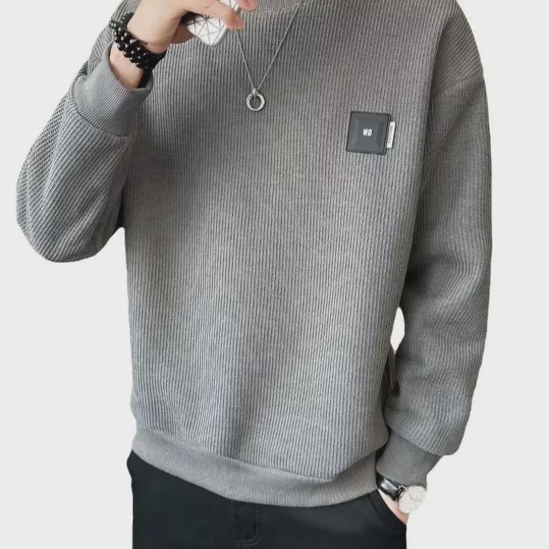 Men's Textured Solid Color Loose Round Neck Sweatshirt - Spring & Autumn Casual Style