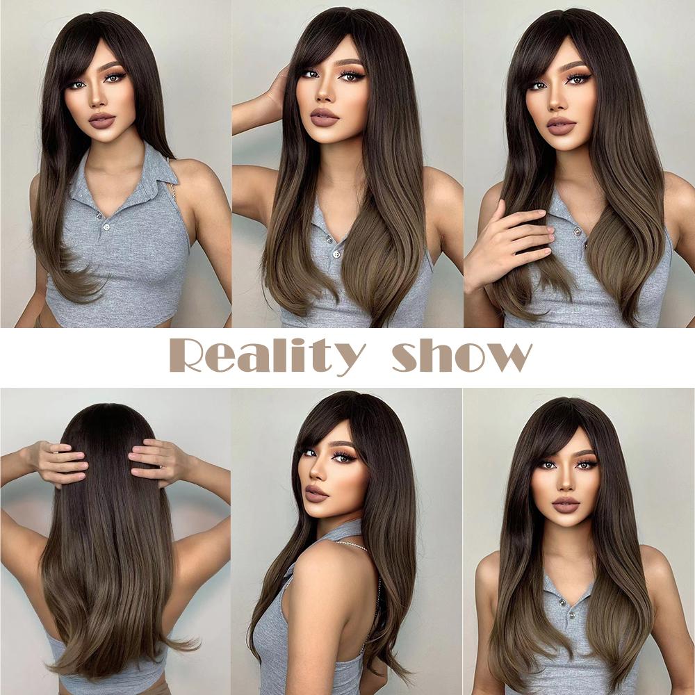 HENRY MARGU Ombre Dark Black Brown Synthetic Wigs with Bangs Layered Hair Wig for Black Women Party Cospaly Heat Resistant