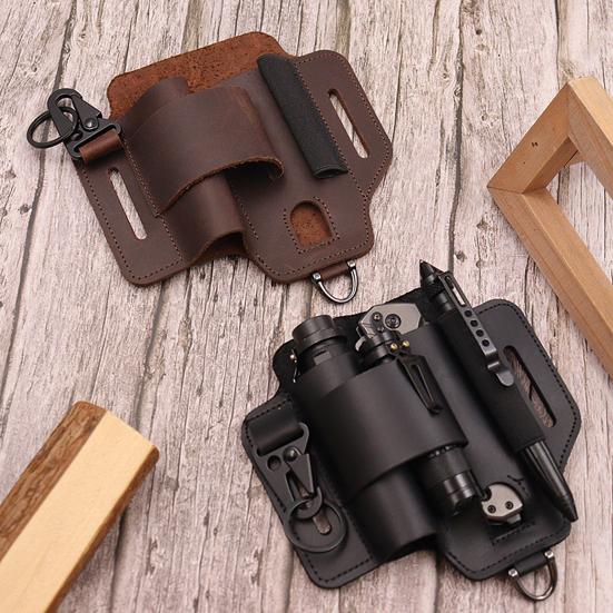 Multitool Belt Sheath Faux Leather EDC Belt Organizer 3 Pockets Belt Pouch with Flashlight Holder Pen Holder Keychain Clip for Men