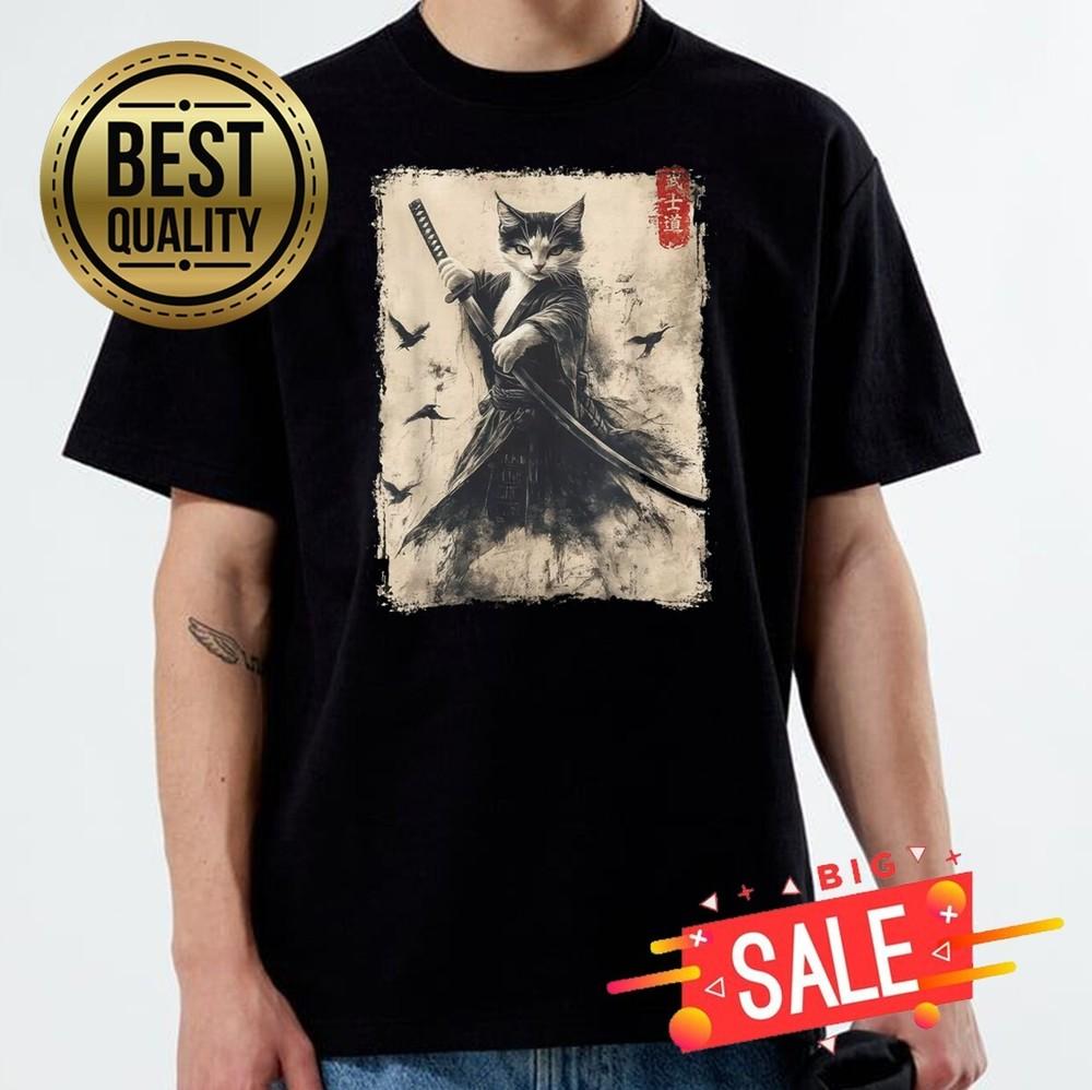 Samurai Cat Graphic Print T-Shirt Unisex T-Shirt L