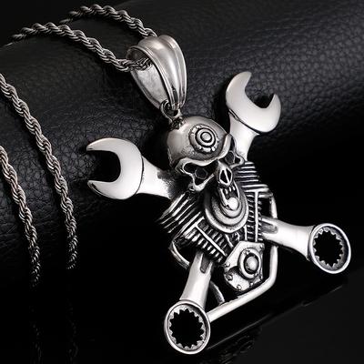 Rocker Skull Head & Wrench Tools Anhänger Halskette für Männer Frauen Edelstahl Herrenschmuck Herrenanhänger Geschenk für Freund