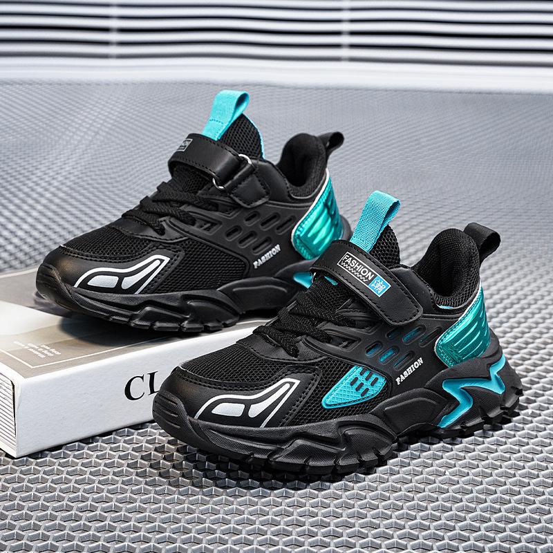 Children's Sports Shoes 2025 New Spring and Autumn Running Shoes Double Mesh Leather Surface Breathable Middle and Older Children's Fashion Velcro N