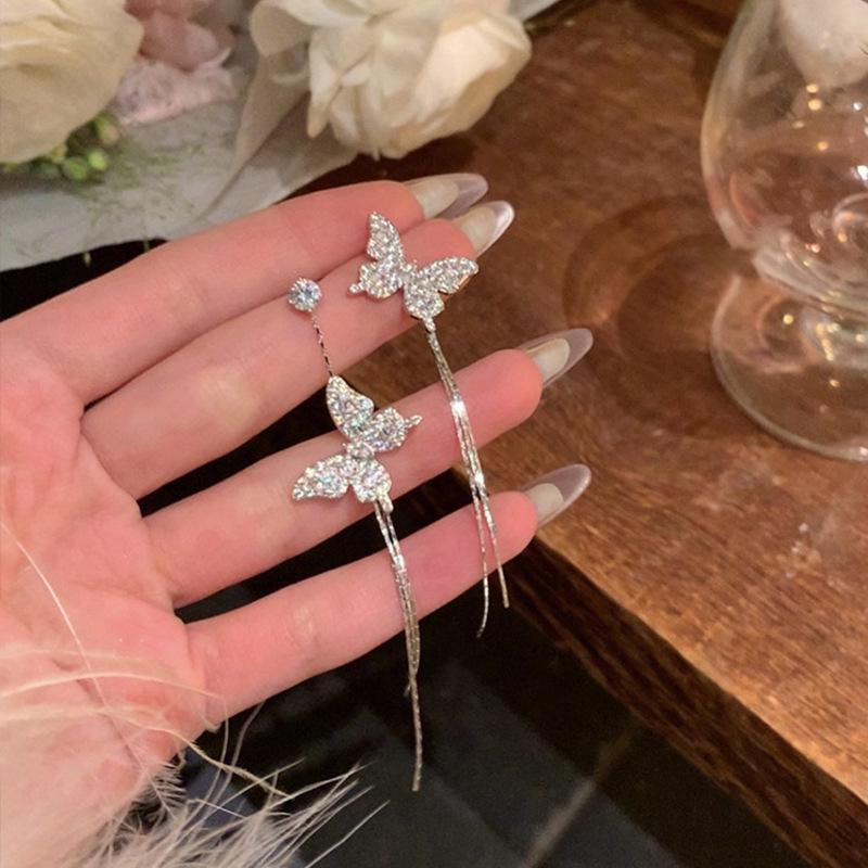 Exquisite S925 Silver Butterfly Tassel Earrings with Full Diamonds - High-End Niche Style Worn by Internet Celebrities