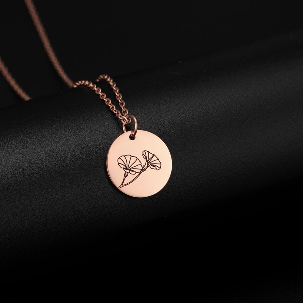 Teamer Stainless Steel Birth Month Flower Necklace Custom Name Round Pendant Necklace for Women Special Valentine Jewelry Gift