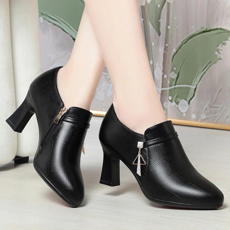 Elegant Deep Mouth Soft Leather Shoes Women Pumps Platform Spring  Comfortable Soft Sole Non-slip Block Heels Shoes
