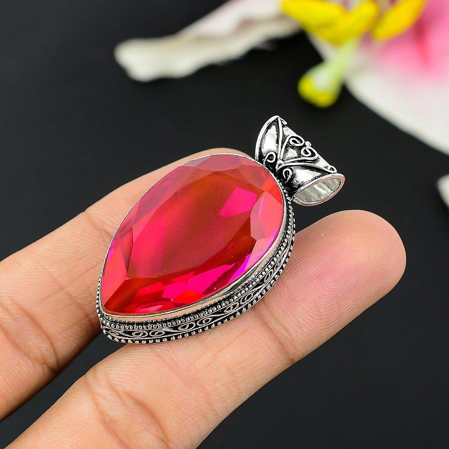 Pink Rubillite Gemstone Handmade 925 Sterling Silver Jewelry Pendant 2.40" KG-151