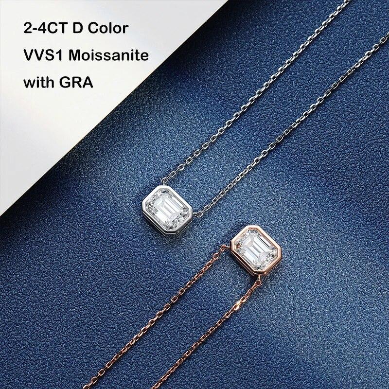 D Color  Real 2-4CT Emerald Cut Moissanite Pendant Necklace for Women S925 Silver Diamond Neck Chain Necklaces Fine Jewelry