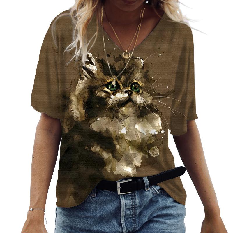 Kawaii Cute 3D Printed Cat Women's T-shirt Women's Clothing Short Sleeve V-neck Summer T-shirt