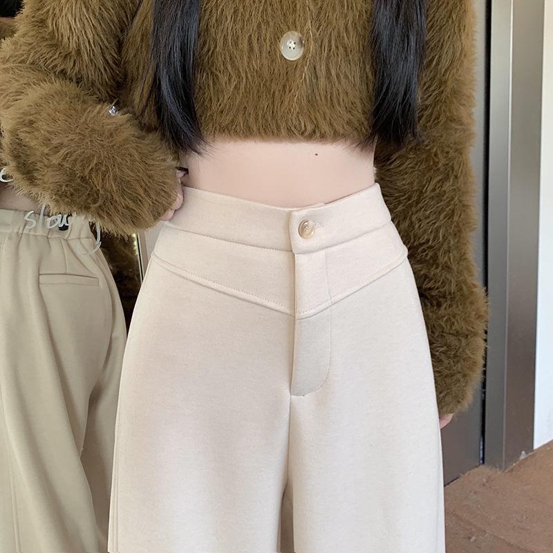 2025 Autumn/Winter Women's High-Waisted Slim Fit Apricot Suit Pants - Flattering Casual Drapey Straight Leg, Versatile Wide-Leg