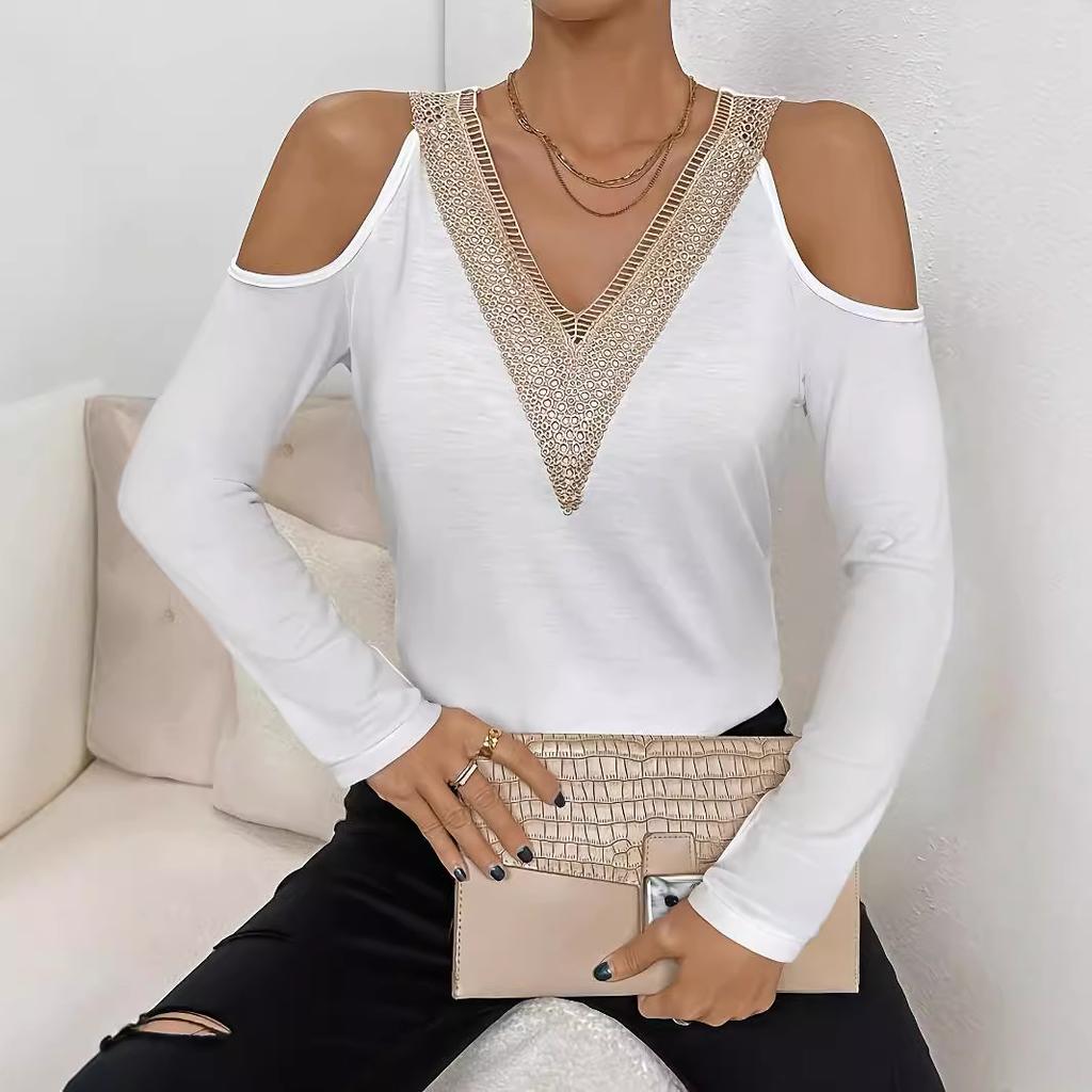 Elegant Lace V-Neck Applique Sleeve Hollow Out Long Sleeve Solid Color T-Shirt Skinny T-Shirt Women Versatile Closet Essential Fashion Items Shirt