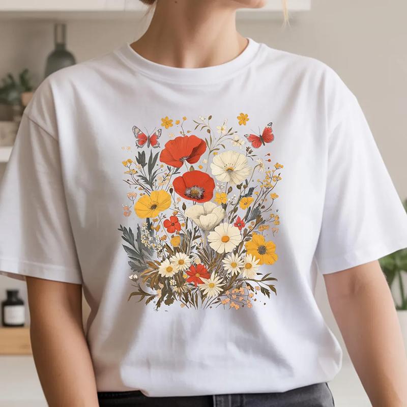 

Boho Floral Butterfly Tee Retro Spring Flower Butterfly Print Casual Comfortable Oversized TShirt Aesthetic Crop Top 4XL