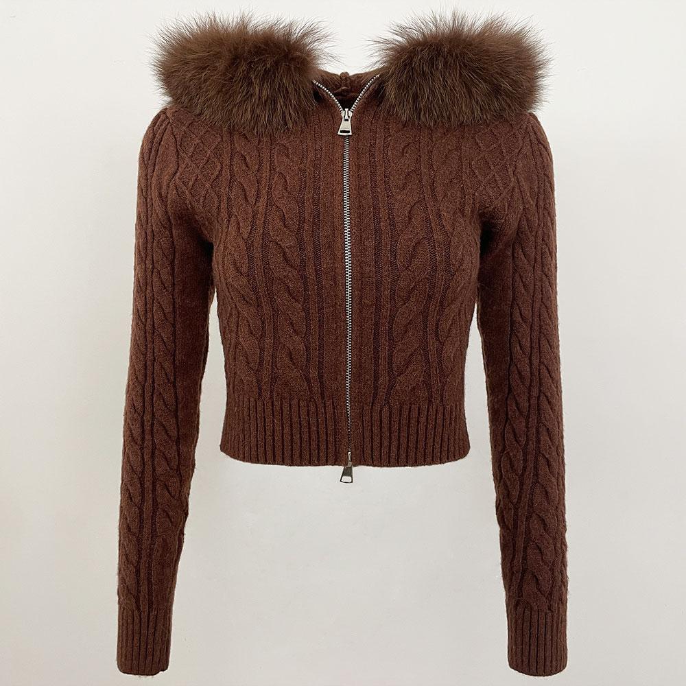 OFTBUY Soft Winter Real Fox Fur Autumn Warm Knitted Coat Short Zipper Hooded Women Jacket Casual Sweater Jacket Slim Lady Elegant Wholesale