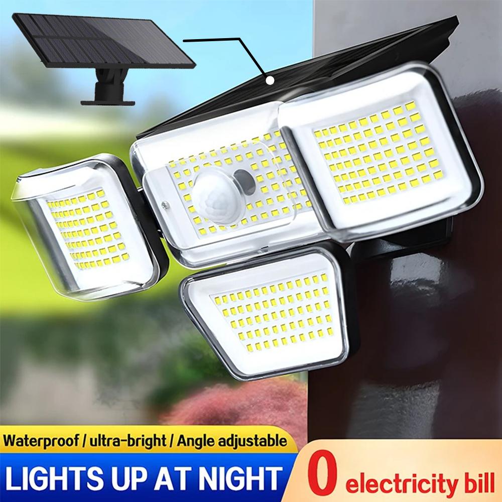 278LED Solar Lights with Motion Sensor Light 4 Mode Outdoor Waterproof 4 Head Solar Security Floodlights for Yard Garden Garage